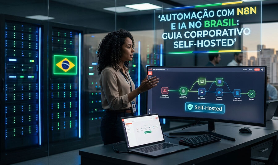 Profissional de TI apresentando fluxo de automação avançada com N8N e inteligência artificial em servidor corporativo self-hosted no Brasil.