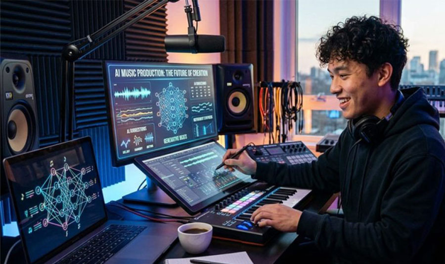 Jovem produtor musical em home studio usando software com inteligência artificial para criação de música e beats.