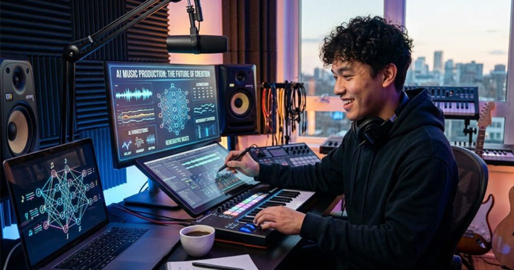 Jovem produtor musical em home studio usando software com inteligência artificial para criação de música e beats.