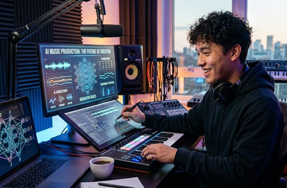 Jovem produtor musical em home studio usando software com inteligência artificial para criação de música e beats.